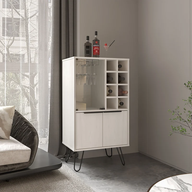 Mueble bar aster en melamina con 8 botelleros, 9 portacopas y almacenamiento inferior , Blanco , 109.4 cm X 59.6 cm X 40 cm