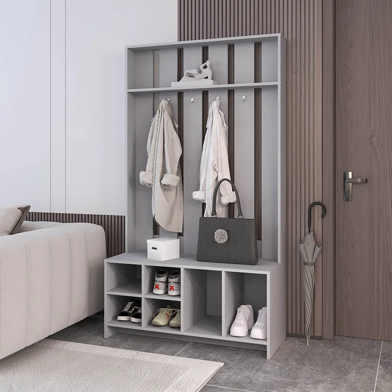 Recibidor tulcan en melamina con 8 estantes y 4 ganchos para colgar ropa , Gris , 172.6 cm X 96.8 cm X 39.3 cm