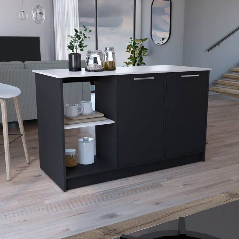 Isla de cocina Juniper en melamina con dos puertas y 3 estantes , Negro / Ibiza 90 X 150 X 64 cm