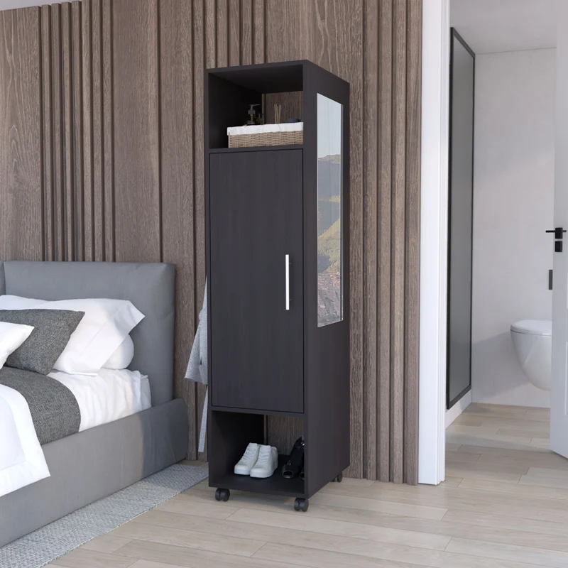 Armario Kronospan en melamina con una puerta , dos estante , barra para colgar ropa y espejo incluido , Negro 160 X 40 X 48 cm