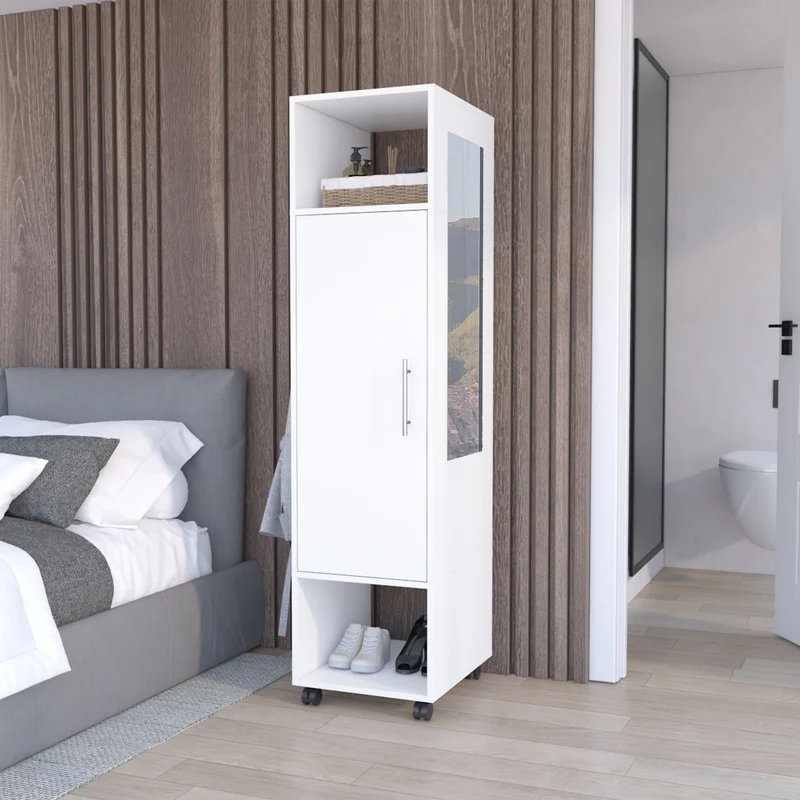 Armario Kronospan en melamina con una puerta , dos estante , barra para colgar ropa y espejo incluido , Blanco 160 X 40 X 48 cm