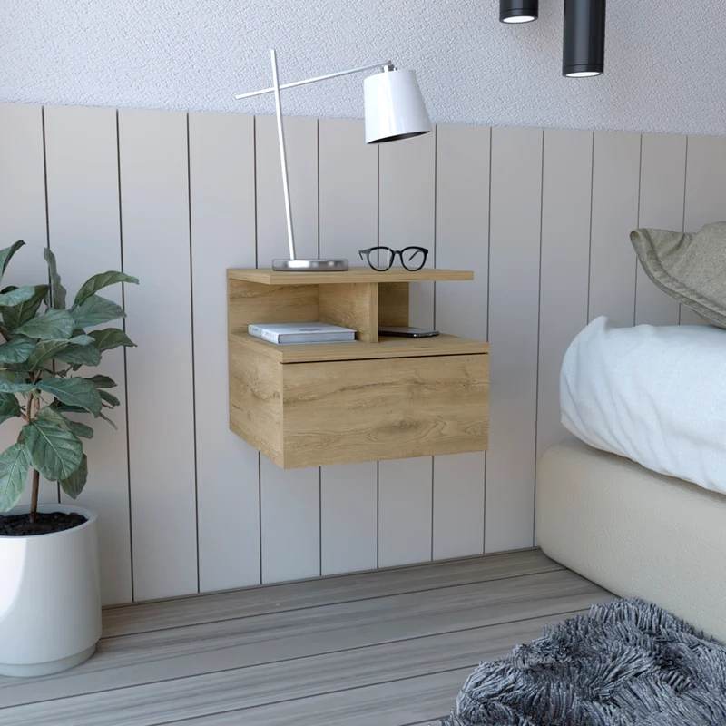 Mesita de noche flotante Augusta con dos estantes abiertos y un cajon en riel metalico , Macadamia 29.5 X 35.6 X 33.6 cm