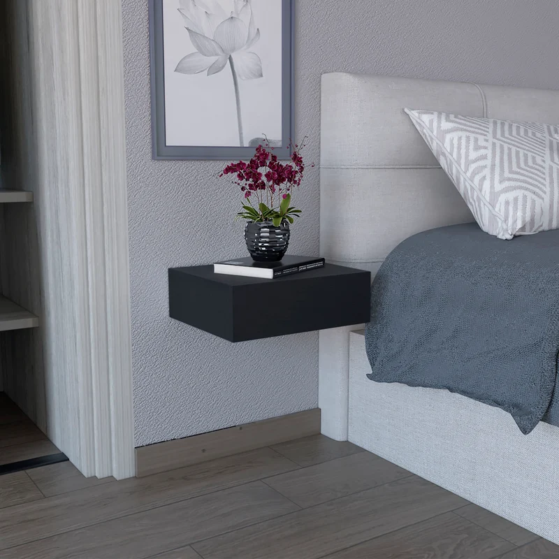 Mesita de noche flotante Milano en melamina con un cajon de riel metalico , Negro 13 X 40 X 34.1 cm