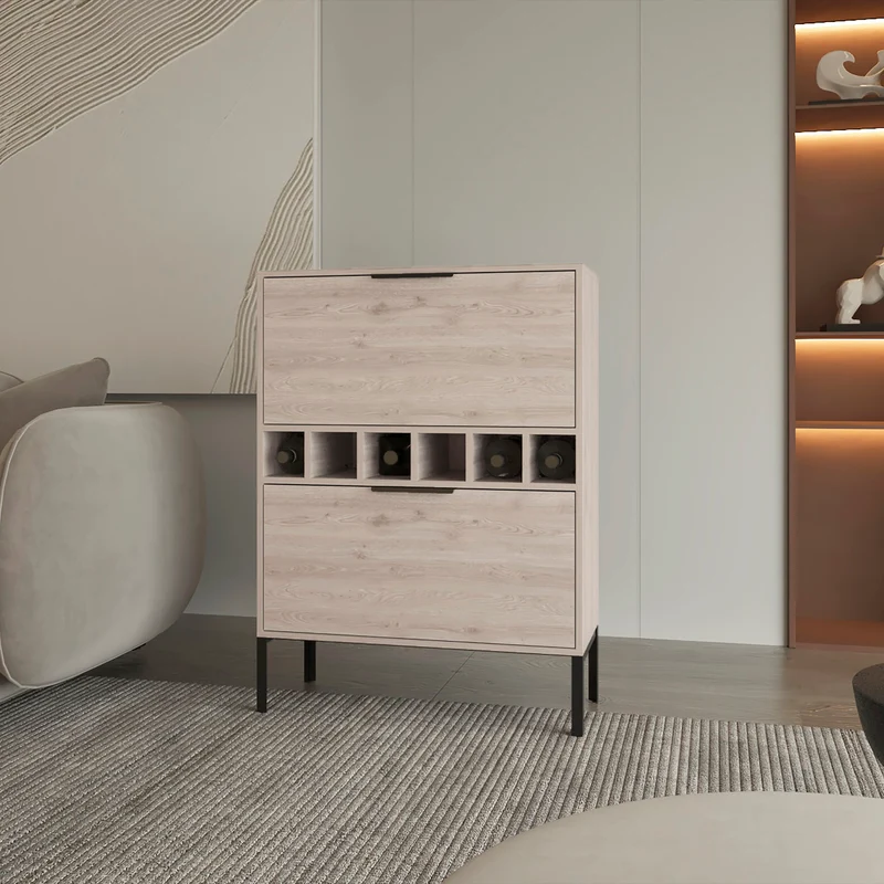 Mueble bar Lyrata, en melamina con botellero para vinos, portacopas y 4 estantes.