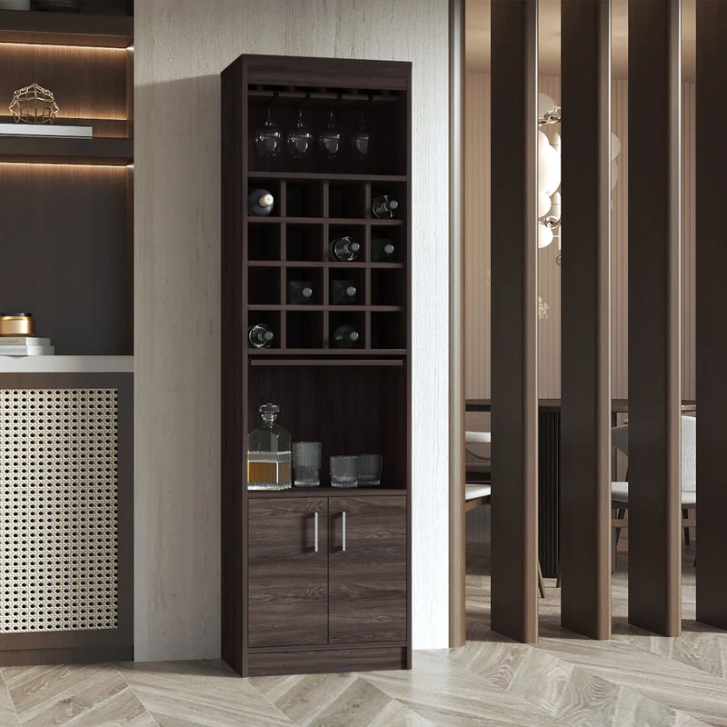Mueble Bar kava espresso en melamina con Estante para Copas y Gabinete Inferior