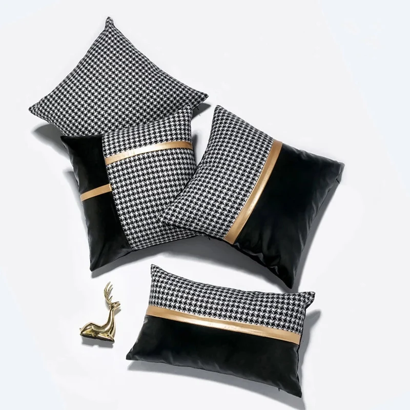 Juego de 4 fundas de almohada de lámina dorada con costura de piel sintética