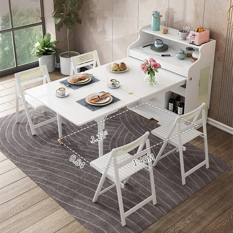 Mesa de comedor multifuncional plegable de madera maciza con gabinete y sillas plegables