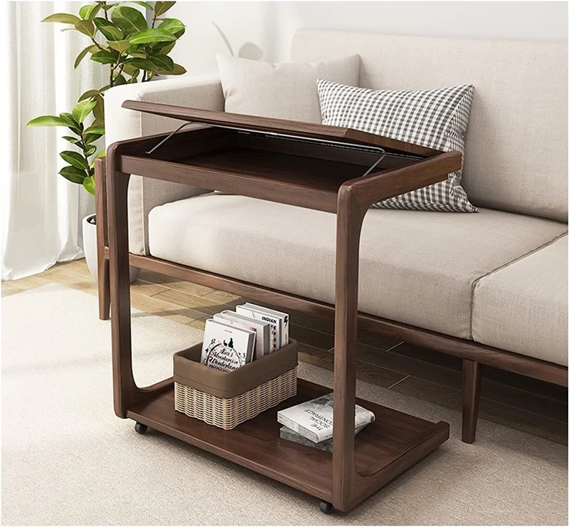 Mesa auxiliar abatible ajustable en forma de C de madera maciza con ruedas bloqueables