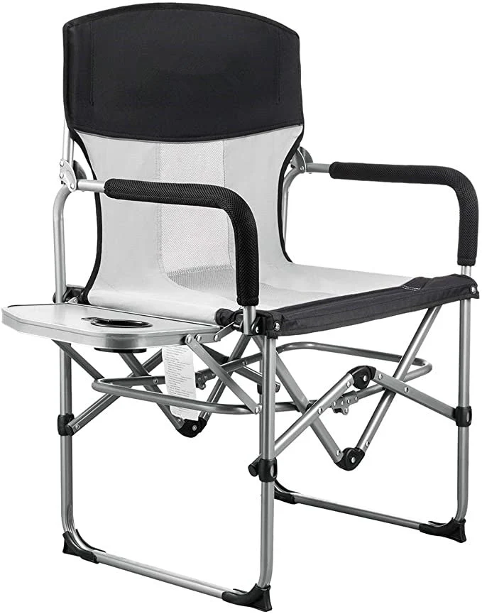 Silla plegable compacta resistente de malla para acampar con mesa auxiliar y asa