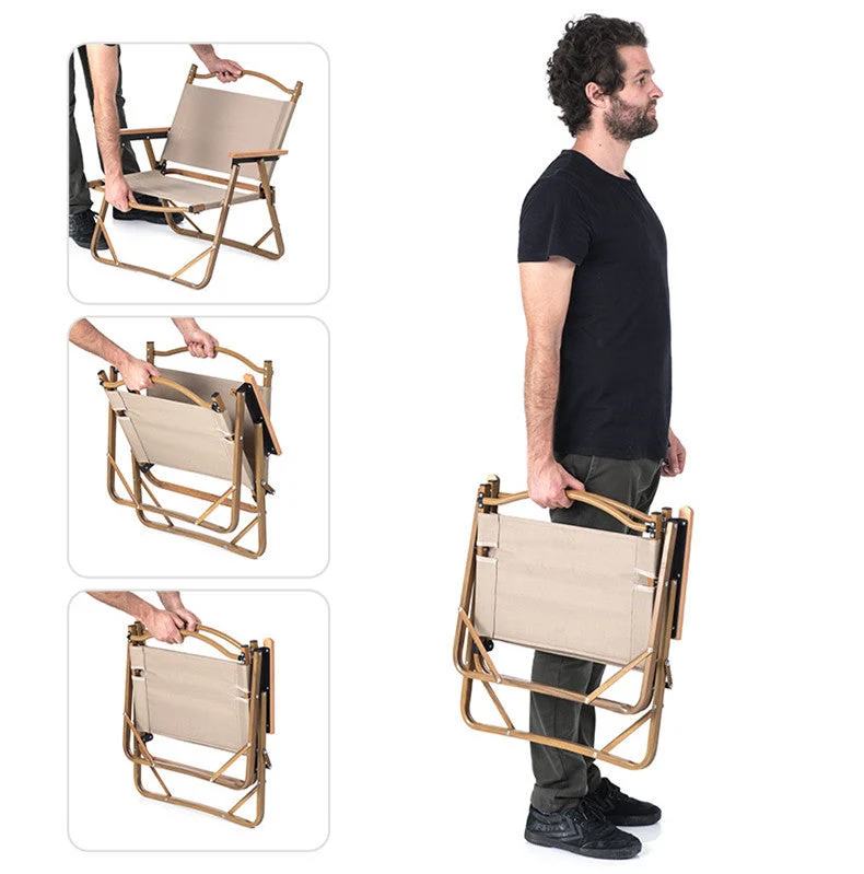 Silla Kermit portátil plegable de aluminio con proceso de transferencia de calor de grano de madera