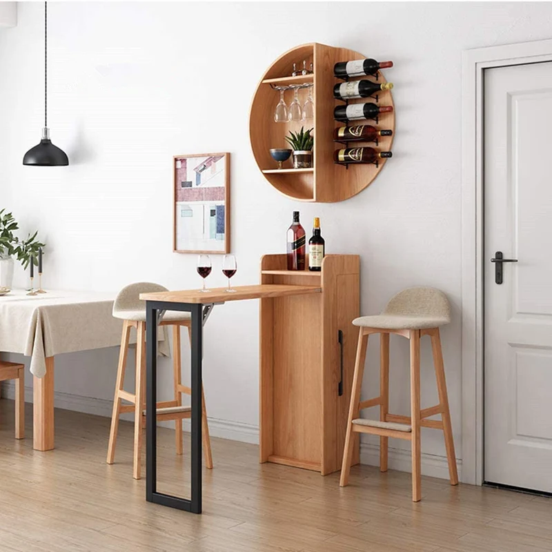 Mesa de bar de vinos retráctil plegable con estante de vino redondo montado en la PARED (sin sillas)
