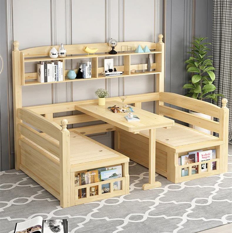 Sofá cama de madera maciza con escritorio y estantería para libros