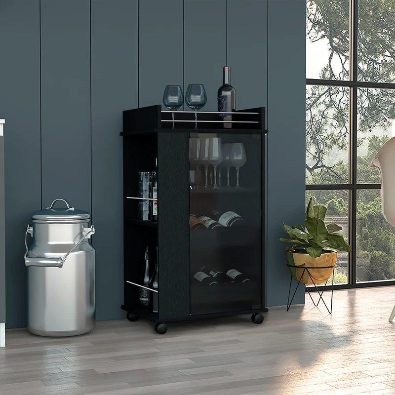 TUHOME Carro de Bar Lusk con Estante para 2 Botellas, Puerta de Vidrio y Ruedas Giratorias, Negro
