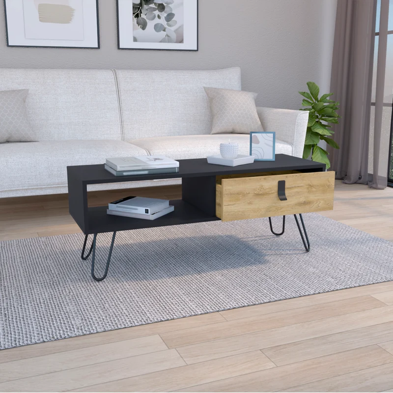 TUHOME Mesa de Centro Kimball con Cajón y Patas Hairpin, Negro / Macadamia