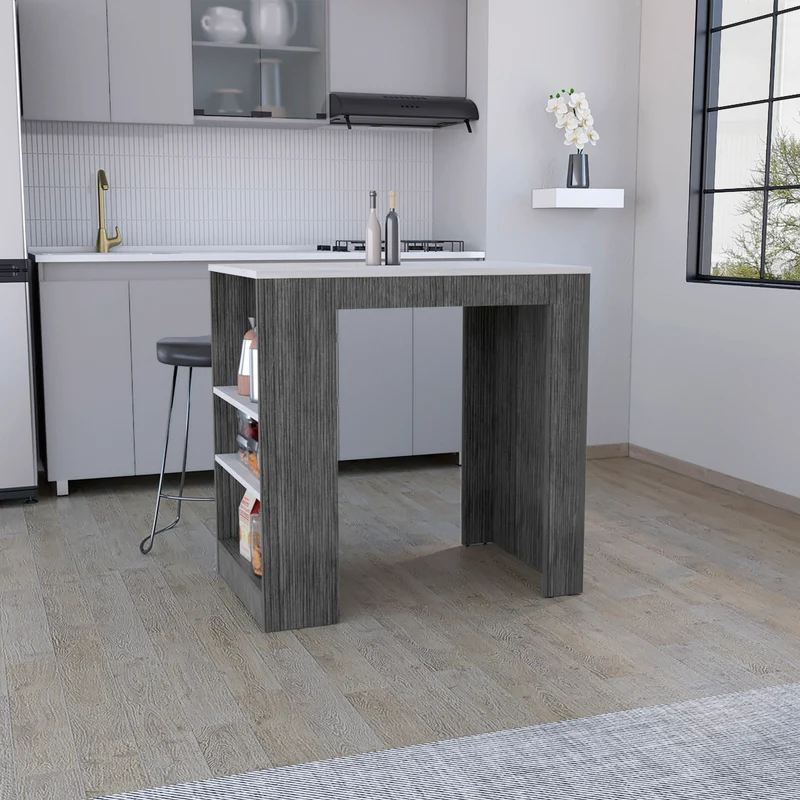 TUHOME Isla de Cocina Harlan, Superficie a Altura de Mostrador con 3 Estantes Laterales, Roble Ahumado / Mármol Ibiza