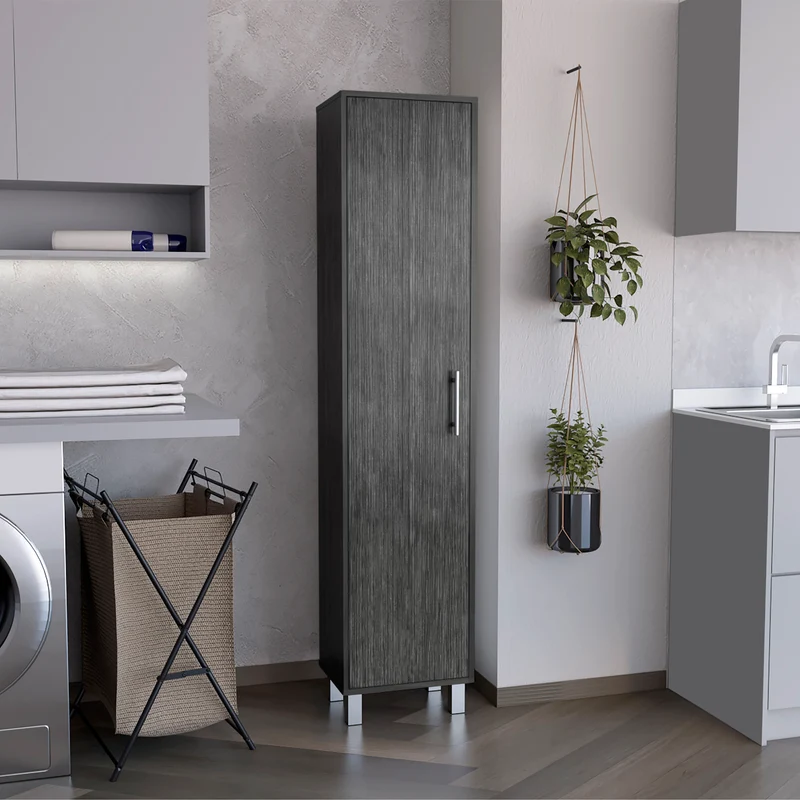 TUHOME Gabinete Alto de Almacenamiento Lawen, Una Puerta, 3 Ganchos para Escobas, Roble Ahumado