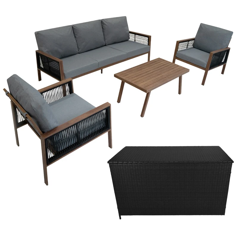 Conjunto para Exteriores de aluminio 5 plazas Efecto Madera + Caja en ratán Negro