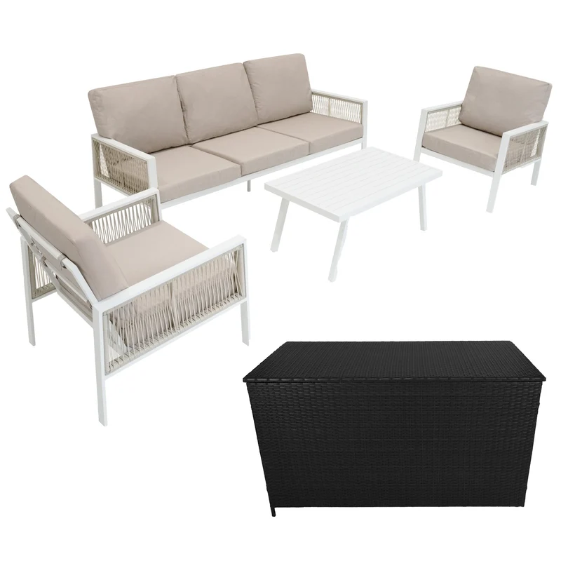 Conjunto para Exteriores de aluminio 5 plazas Blanco + Caja en ratán Negro