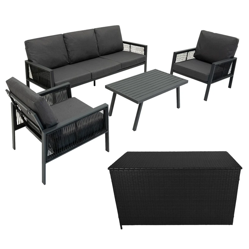 Conjunto para Exteriores de aluminio 5 plazas Antracita + Caja en ratán Negro