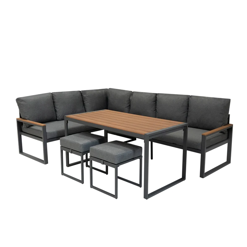 Sofa Esquinero para Exteriores de aluminio 7 plazas - Efecto madera