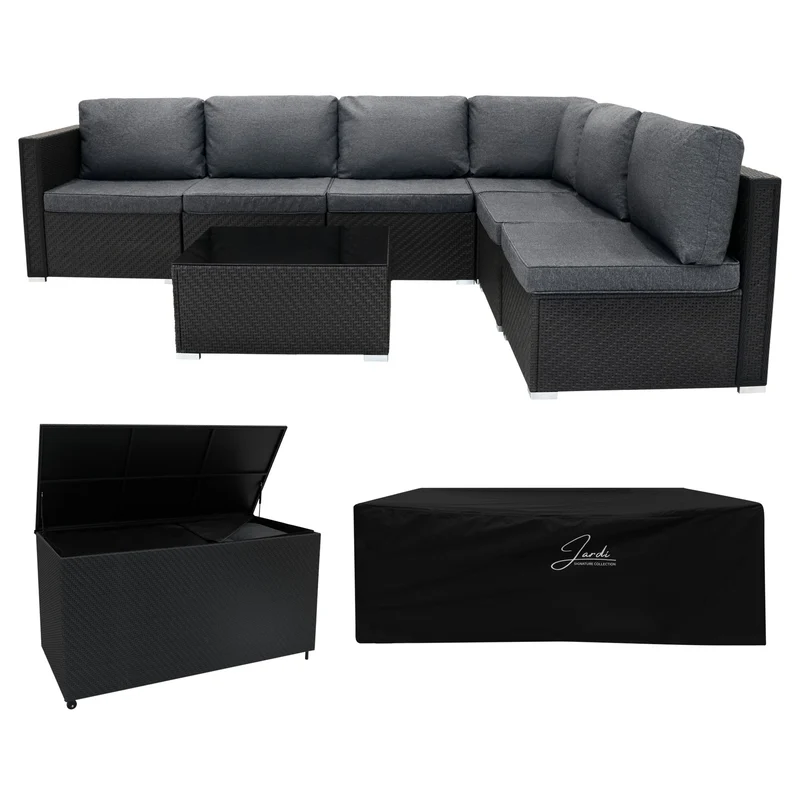 Conjunto Modular de Ratán (7 piezas) con Caja de Almacenamiento 700L (Negro)