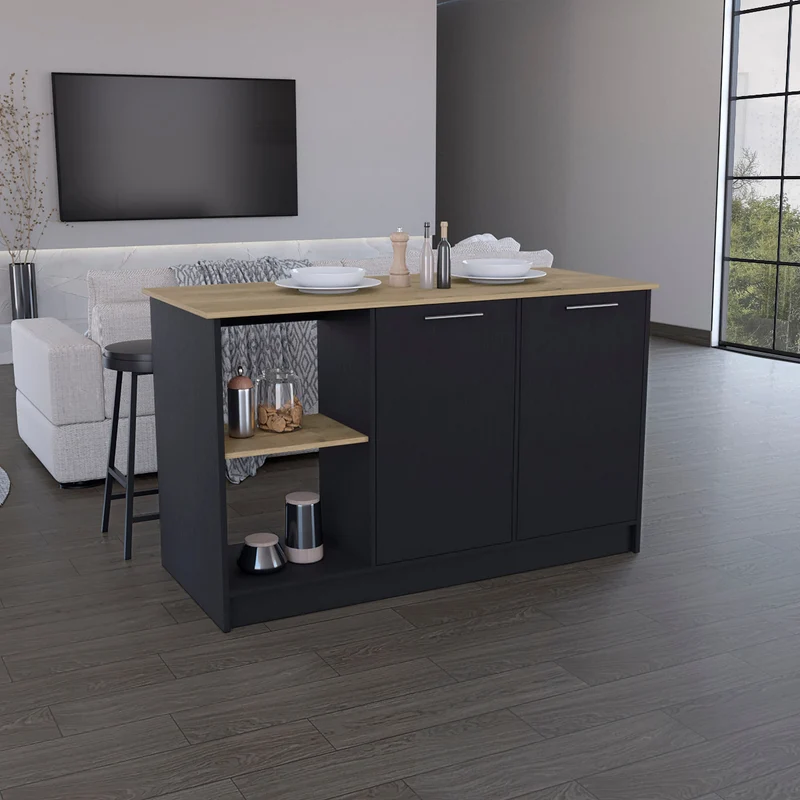 Isla de cocina Enebro en melamina con 2 puertas y 6 estantes , multicolor , 90 cm X 150 cm X 64 cm