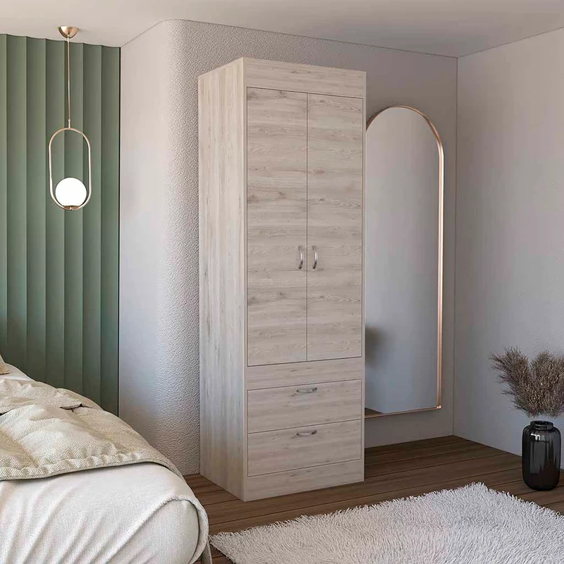 Armario Lisboa en melamina con 2 puertas , 1 estante , 1 barra para colgar ropa y 2 cajones con rieles metalicos , gris , 179 cm X 59.2 cm X 48 cm