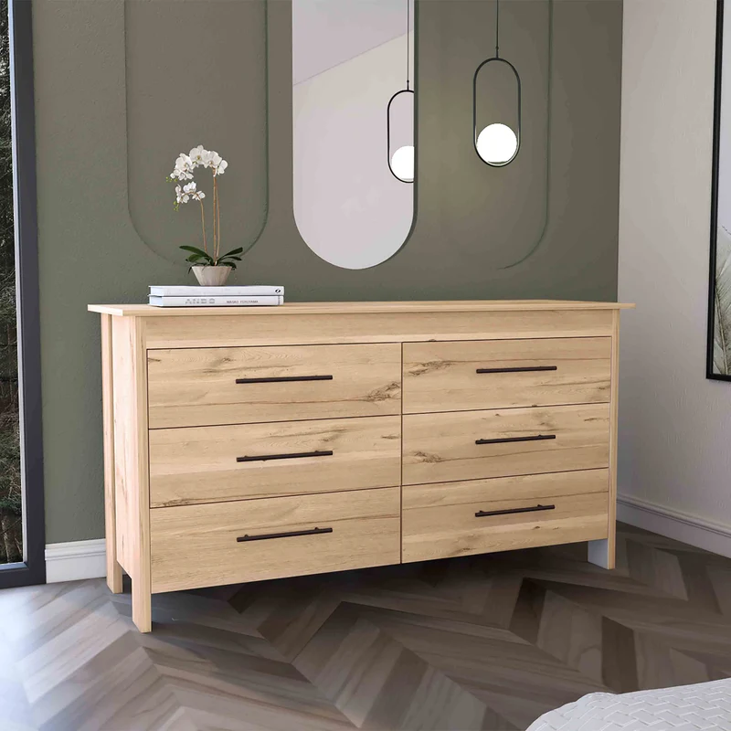 Comoda doble Hms en melamina con 6 cajones de rieles metalicos , beige , 80.6 cm X 140.5 cm X 48.3 cm