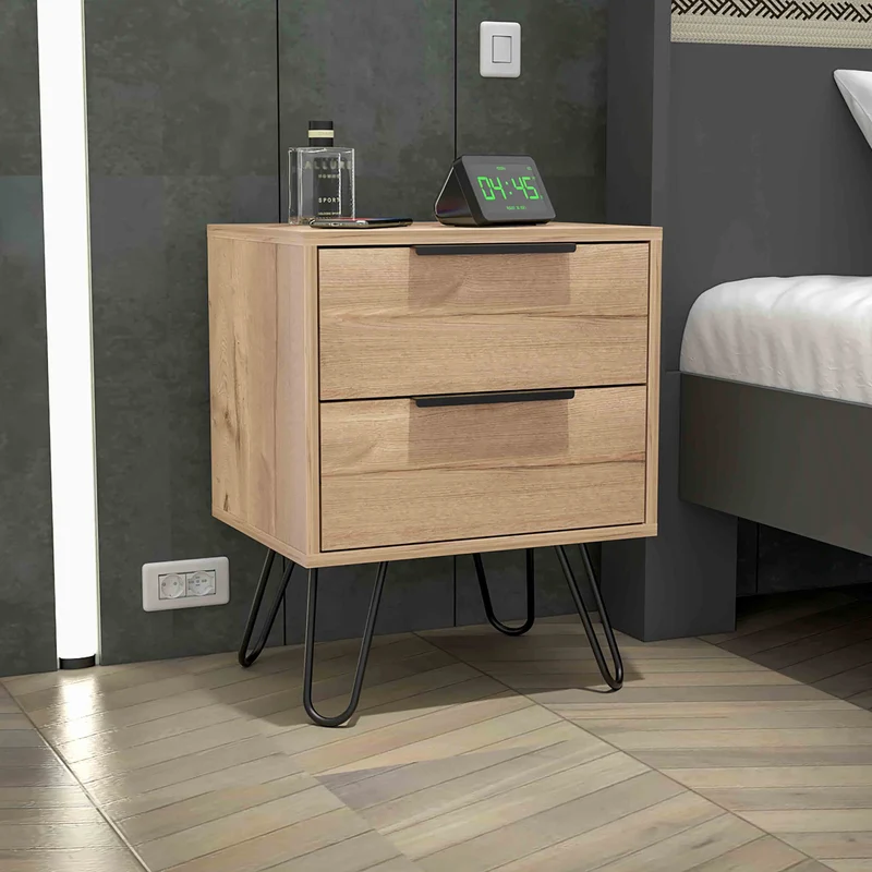 Mesita de noche Augusta en melamina con 2 cajones de rieles metalicos , beige , 57 cm X 45 cm X 34.8 cm