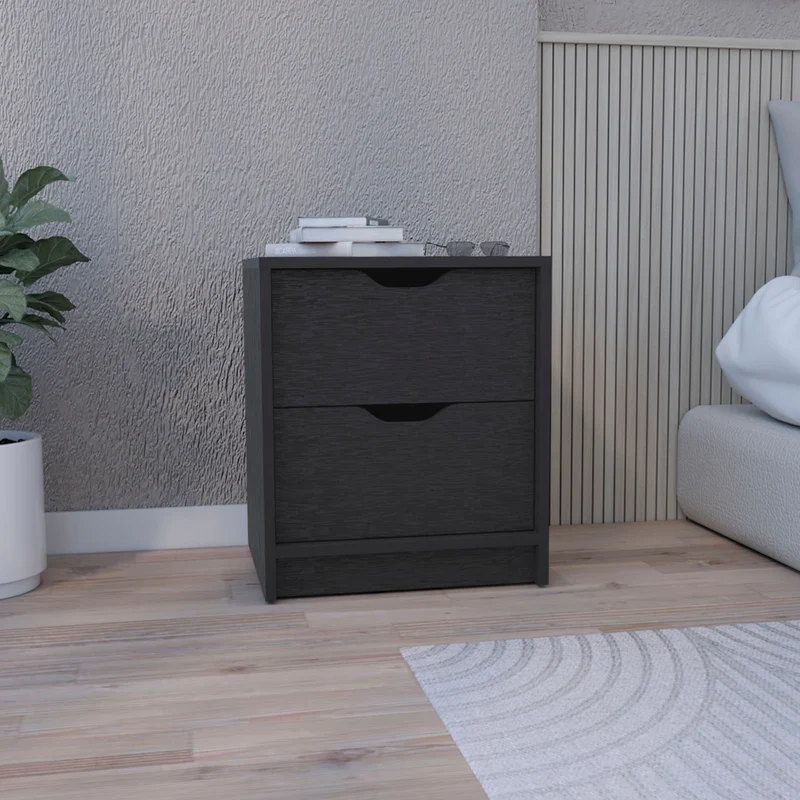Mesita de noche Basilea en melamina con 2 cajones de rieles metalicos , negro , 48 cm X 41 cm X 36.3 cm