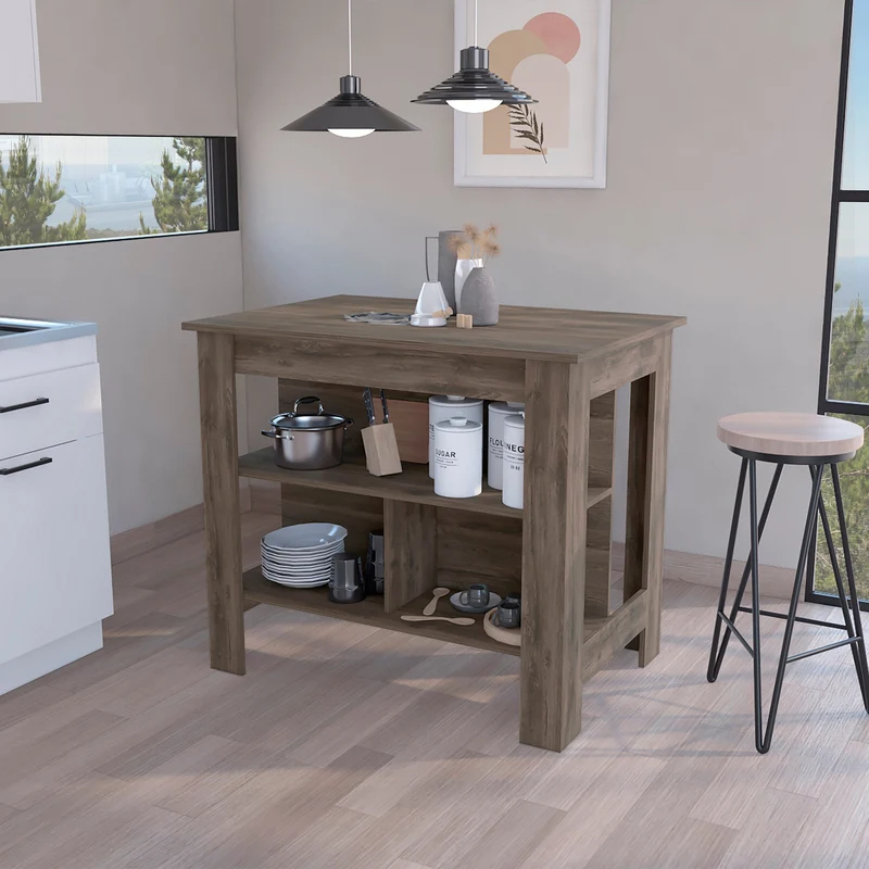 Isla de cocina Cala en melamina con 3 estantes , marron , 90 cm X 103 cm X 70 cm