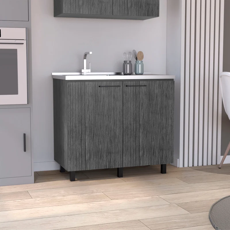 Mueble bajo Napoles en melamina con 2 estantes , 2 puertas y encimera de acero inoxidable , gris , 89 cm X 100 cm X 52.5 cm