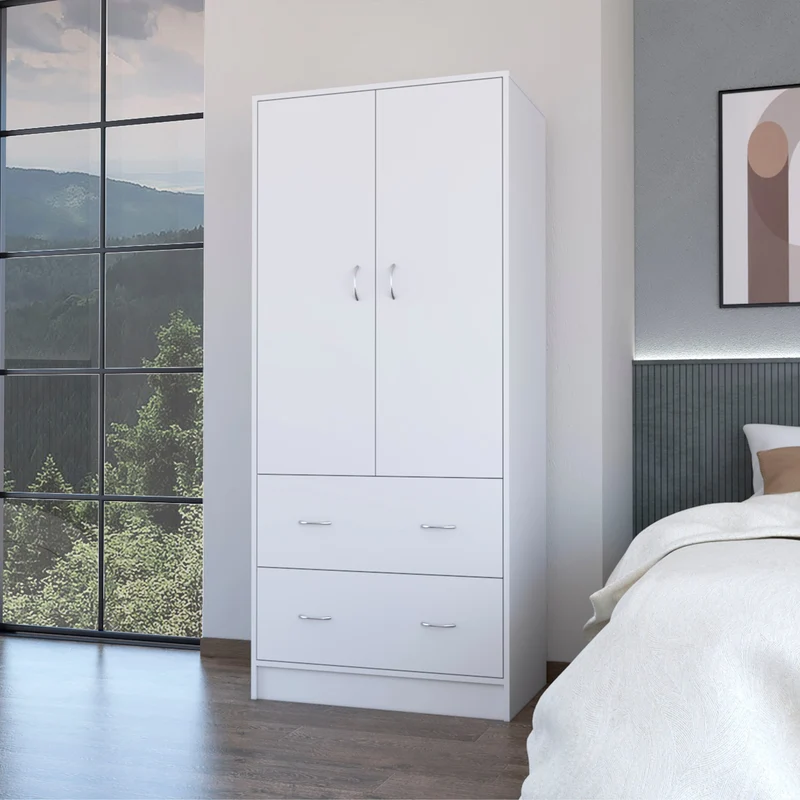 Armario Taly en melamina con 2 puertas ,1 estante, 1 barra para colgar ropa y 2 cajones con rieles metalicos, blanco , 180.1 cm X 78.7 cm X 48.4 cm