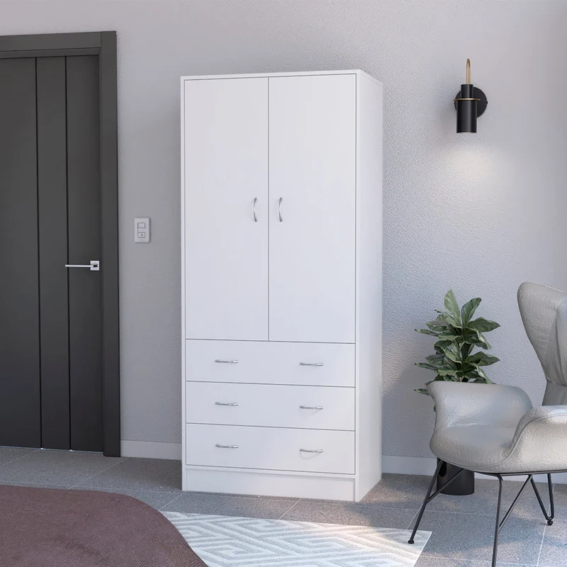Armario Taly en melamina con 2 puertas ,1 estante, 1 barra para colgar ropa y 3 cajones con rieles metalicos, blanco , 180.1 cm X 78.7 cm X 48.4 cm