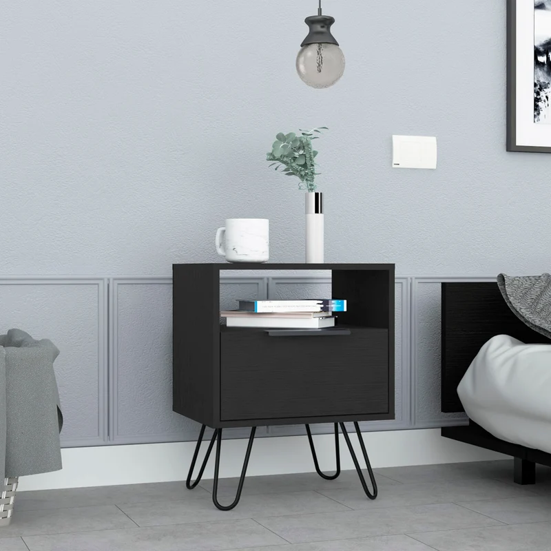 Mesita de noche Augusta en melamina con 2 estantes y 1 gabinete inferior , negro , 56.4 cm X 45 cm X 34.8 cm