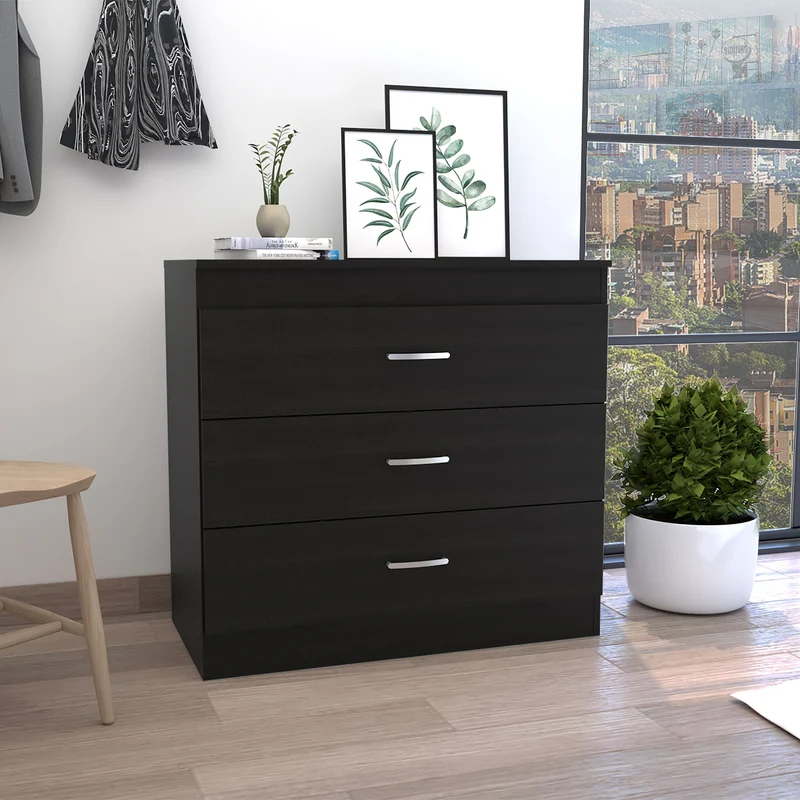 Comoda Melia en melamina con 3 cajones de rieles metalicos , negro , 75.7 cm X 80 cm X 39.8 cm