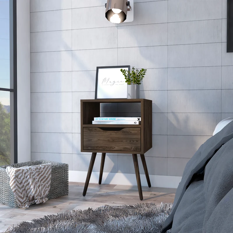 Mesita de noche Otom en melamina con 1 estante y un cajon de riel metalico , marron , 63 cm X 40 cm X 35 cm