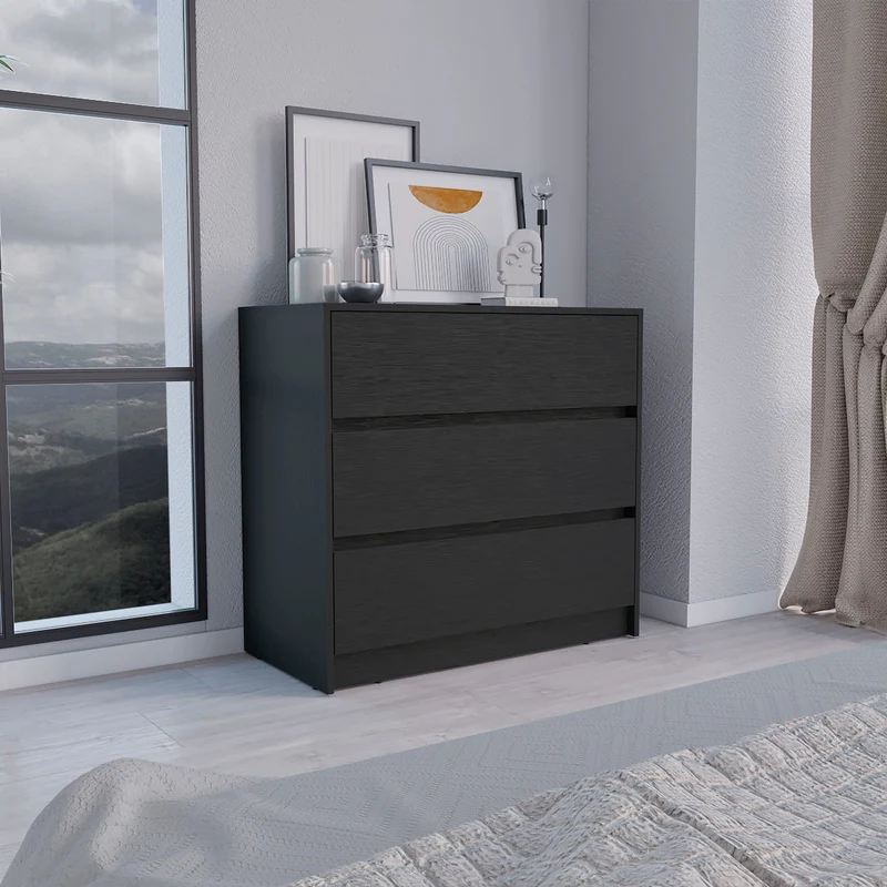 Comoda Austin en melamina con 3 cajones de rieles metalicos , negro , 80 cm X 85 cm X 42 cm