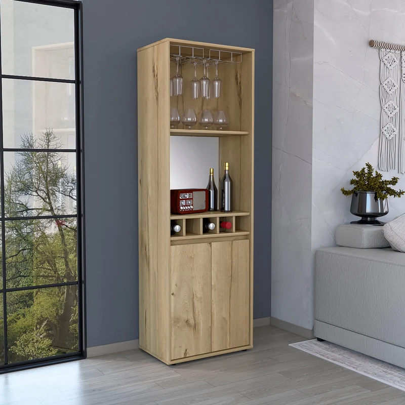 Mueble Bar Prana en melamina con 4 estantes , 2 puertas , 4 portabotellas y 6 portacopas , beige , 180 cm X 58.4 cm X 37 cm
