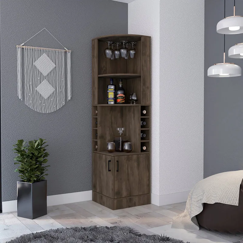 Mueble Bar Syrah en melamina con 4 estantes , 2 puertas 4 portacopas y 8 portabotellas , marron , 180.6 cm X 46.9 cm X 46.9 cm