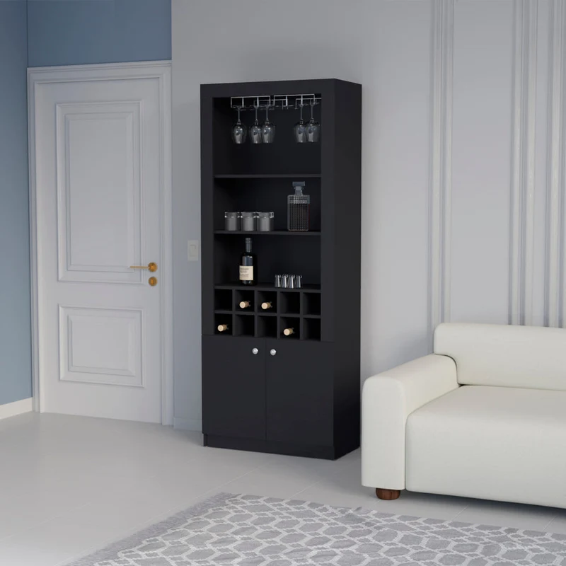 Mueble Bar Nebo en melamina con 4 estantes , 2 puertas , 10 portabotellas y 8 portacopas , negro , 190 cm X 75 cm X 36.5 cm