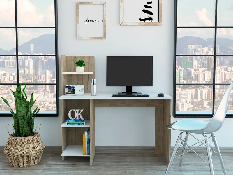 Mesa de Escritorio Vilna 120, con estantería, Duna / Blanco