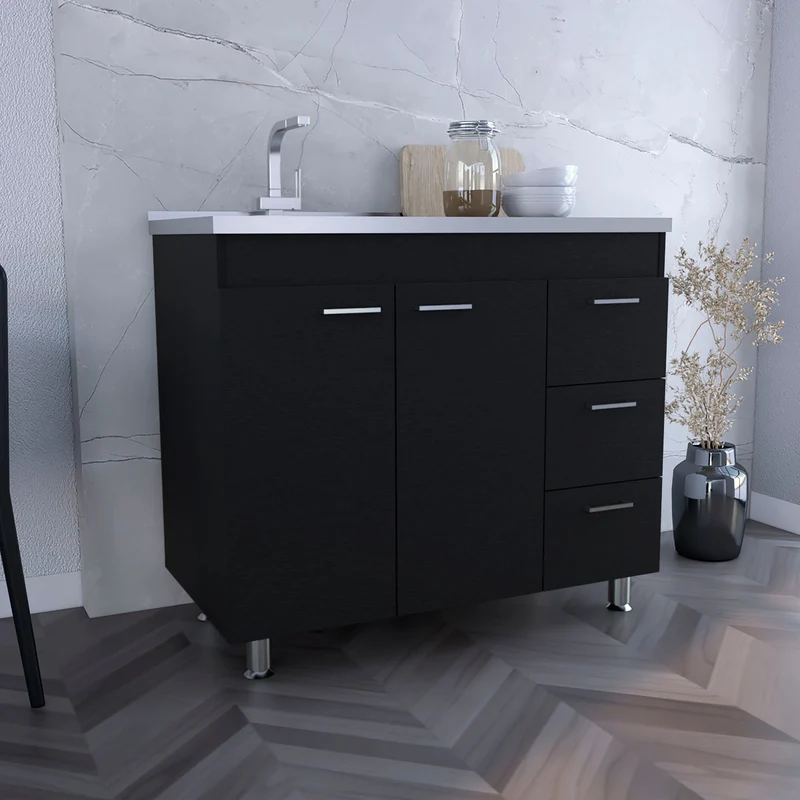 Mueble bajo Ferreti en melamina con 3 cajones , 2 puertas y encimera de acero inoxidable , negro , 90 cm X 100 cm X 52.5 cm