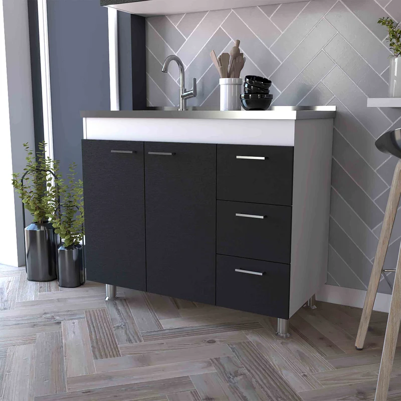 Mueble bajo Ferreti en melamina con 3 cajones , 2 puertas y encimera de acero inoxidable , multicolor , 90 cm X 100 cm X 52.5 cm