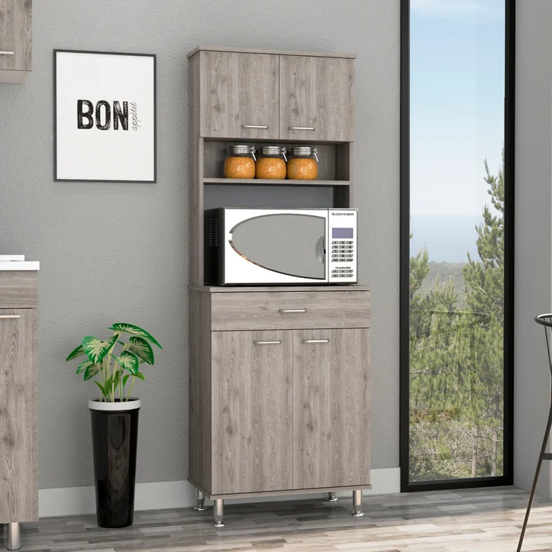 Despensa de cocina Della en melamina con 5 estantes , 4 puertas , espacio para microondas y 1 cajon de riel metalico , gris , 169 cm X 60 cm X 35 cm
