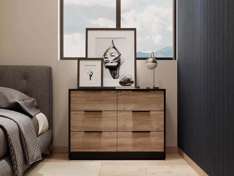 Comoda Kaia en melamina con 4 cajones de rieles metalicos y 2 gabinetes inferiores , multicolor , 77.6 cm X 107 cm X 41.3 cm