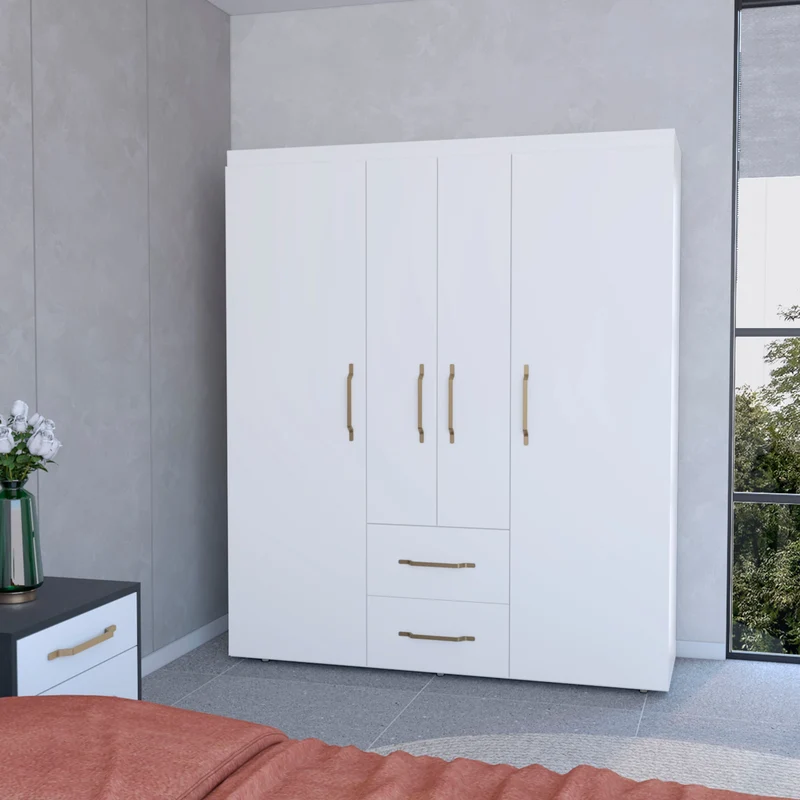 Armario Bariloche en melamina con 4 puertas , 4 estantes , 3 barras para colgar ropa y 2 cajones , blanco , 177.9 cm X 150.3 cm X 50.4 cm
