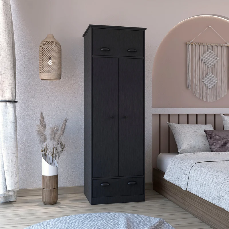Armario falkland en melamina con 2 puertas ,2 estantes , 1 barra para colgar ropa , 1 gabinete superior y 1 cajon , negro , 179 cm X 59.2 cm X 50 cm