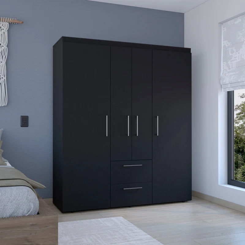 Armario Bariloche en melamina con 4 puertas , 4 estantes , 3 barras para colgar ropa y 2 cajones , negro , 177.9 cm X 150.3 cm X 50.4 cm