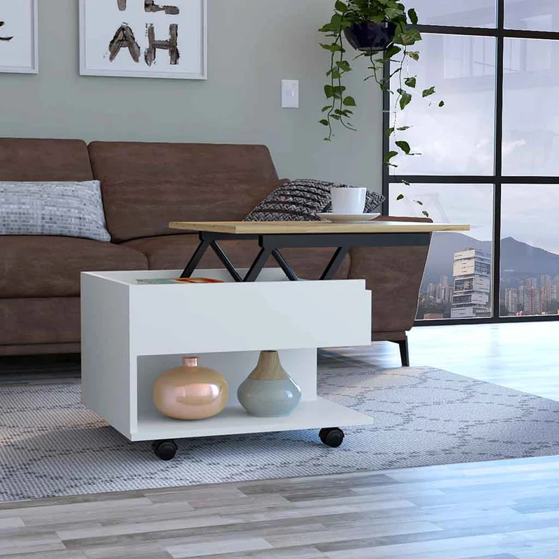 Mesa de centro Luanda elevable en melamina con 2 estantes y 4 ruedas , multicolor , 29.7 cm X 80 cm X 54.5 cm
